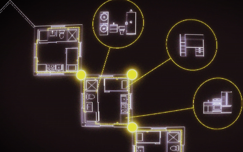 Glowing floor plan of apartments with yellow callouts highlighting a laundry area, loft bed, and compact kitchen.